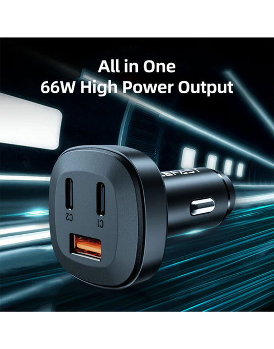 ACEFAST 66W 3-Port Super Fast Car Charger W/ 2 x USB-C + UAB-A, Zinc Alloy Body (B3)
