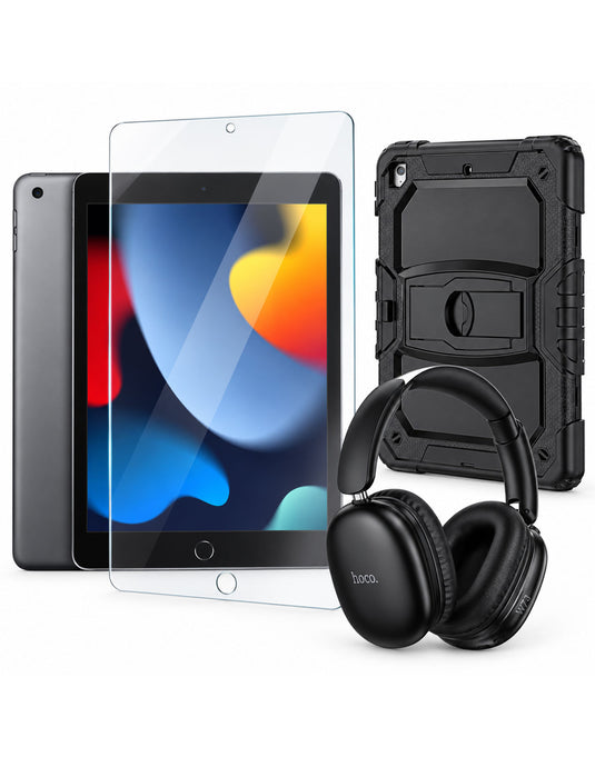 Apple iPad 9th Gen (2021) 10.2-inch 64GB Wifi Only - Space Gray (Very Good-Refurbished) + Bluetooth Headset (W73) + Case + Tempered Glass (Bundle Deal)