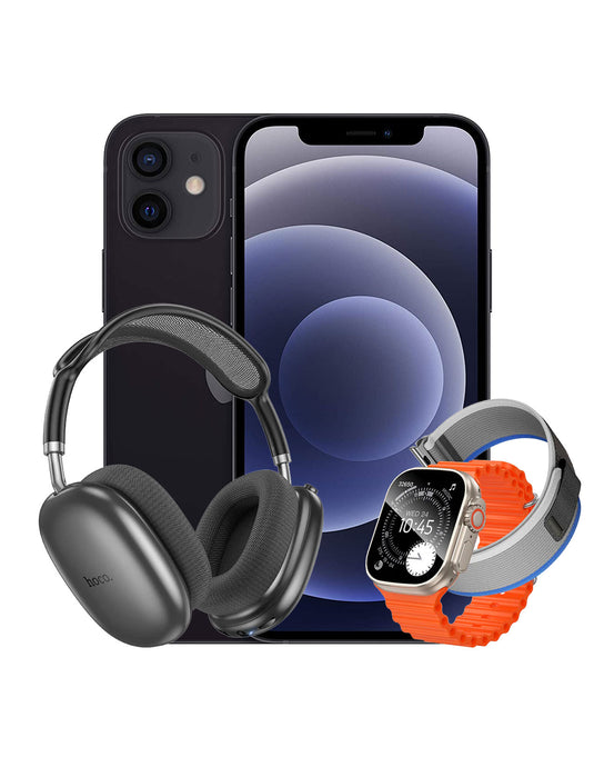 Apple iPhone 12 64GB 5G - Black (Good-Refurbished) + Bluetooth Headset (W55) + Smart Watch (Y42 Ultra) 2 Straps (Bundle Deal)