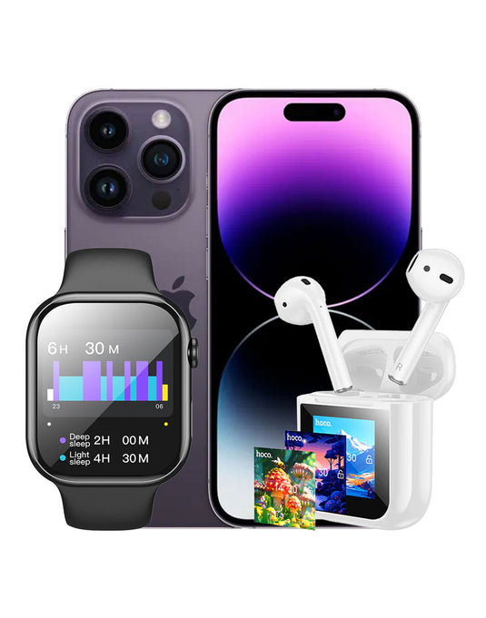 Apple iPhone 14 Pro 128GB 5G - Deep Purple (Good Pre-Owned) + Smart Watch (Y30) + TWS Bluetooth Earbud (EW80) (Bundle Deal)