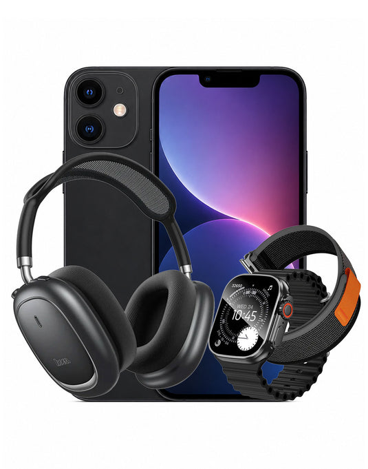 Apple iPhone 11 64GB 4G - Black (Good-Refurbished) + Smart Watch (Y42 Ultra) 2 Straps + Bluetooth Headset (W68) (Bundle Deal)