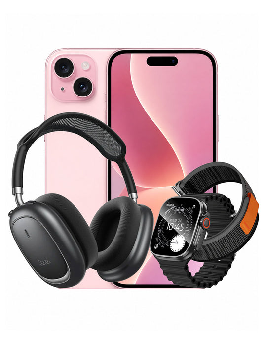 Apple iPhone 15 128GB 5G - Pink (Good-Refurbished) + Smart Watch (Y42 Ultra) 2 Straps + Bluetooth Headset (W68) (Bundle Deal)