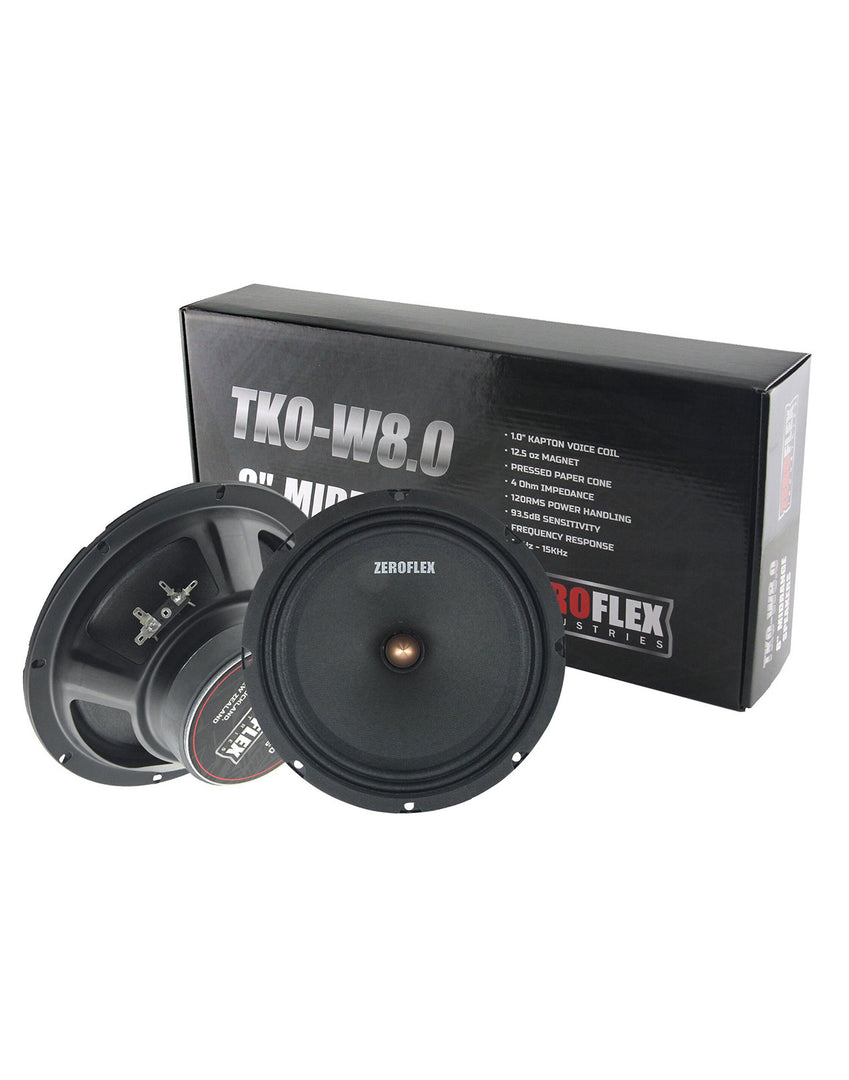 Back, Front View & Packaging Box of Zeroflex TKO-W8.0 8" Car Midbass Drivers 120rms (pair) 