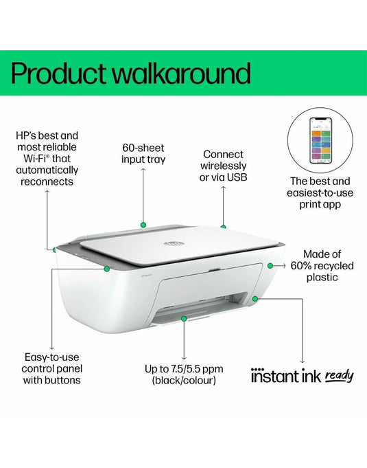 HP DeskJet 2820e All-in One Printer Instant Ink Enabled - White