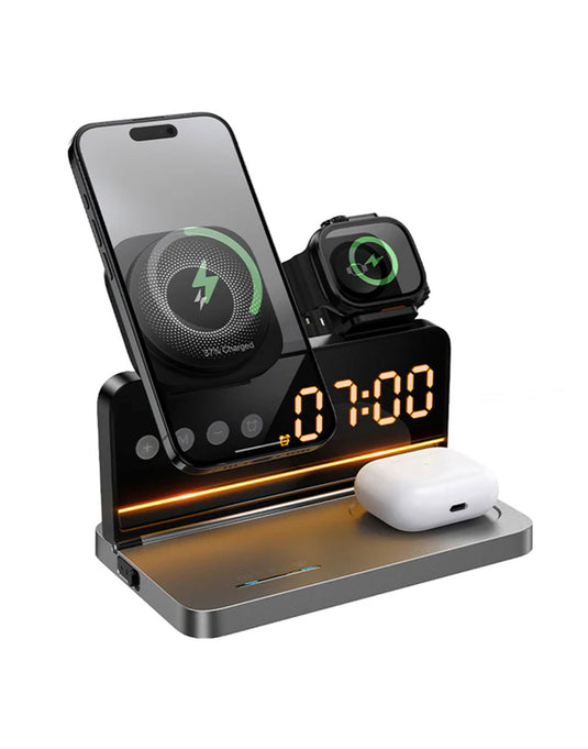 Hoco 15W 4-in-1 Magnetic Wireless Fast Charger, With Alarm Clock, Ambient Lighting, Compact Foldable Design (DWQ03)