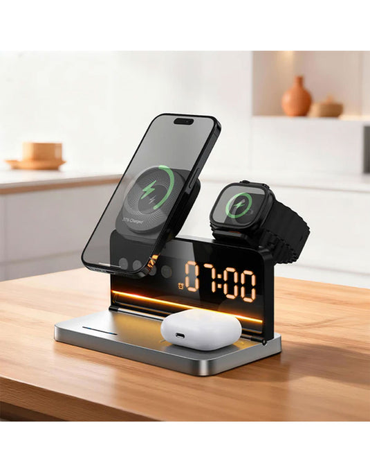Hoco 15W 4-in-1 Magnetic Wireless Fast Charger, With Alarm Clock, Ambient Lighting, Compact Foldable Design (DWQ03)