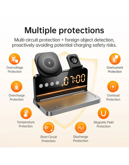 Hoco 15W 4-in-1 Magnetic Wireless Fast Charger, With Alarm Clock, Ambient Lighting, Compact Foldable Design (DWQ03)