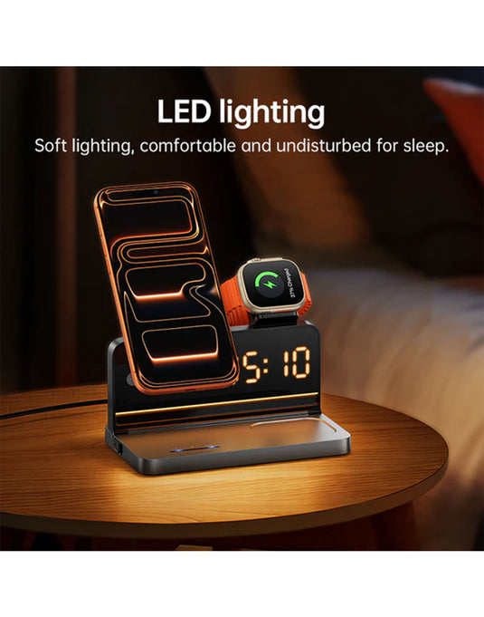 Hoco 15W 4-in-1 Magnetic Wireless Fast Charger, With Alarm Clock, Ambient Lighting, Compact Foldable Design (DWQ03)