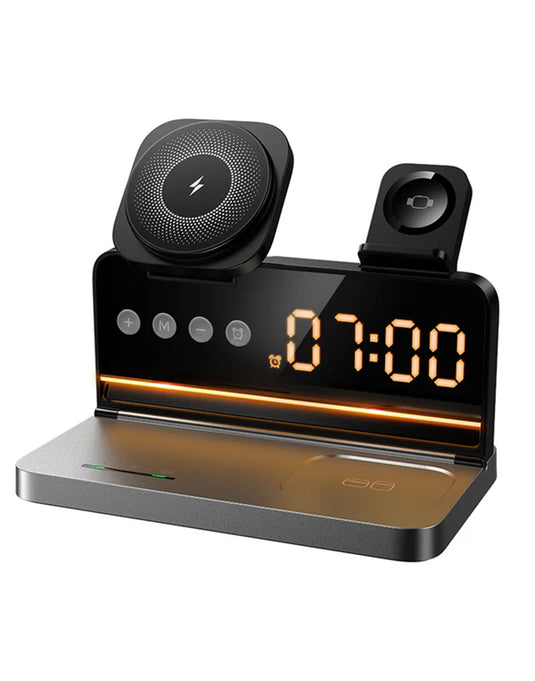 Hoco 15W 4-in-1 Magnetic Wireless Fast Charger, With Alarm Clock, Ambient Lighting, Compact Foldable Design (DWQ03)