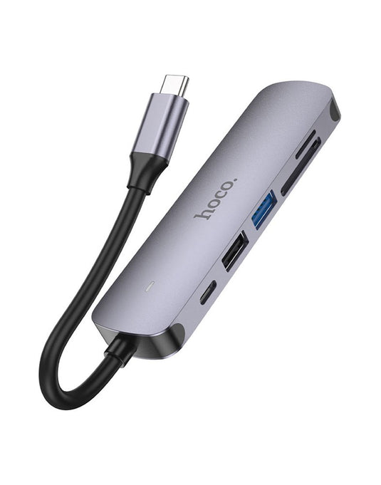 Hoco 6 in 1 Multi Function Hub - HDMI, Card Reader, USB-C,USB-A 2.0/3.0 (HB28) - Silver