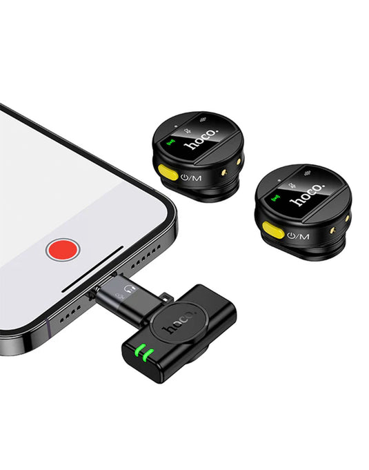 Hoco Dual Wireless Digital Microphone w/ USB-C Connector + Lightning Adaptor, ENC Noise Cancellation, Magnetic Lapel (L22) - Black