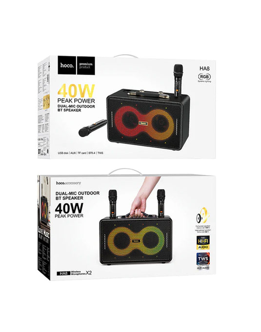 Hoco Portable Bluetooth Speaker - Wireless Mic x 2 RGB Light (HA8) - Black