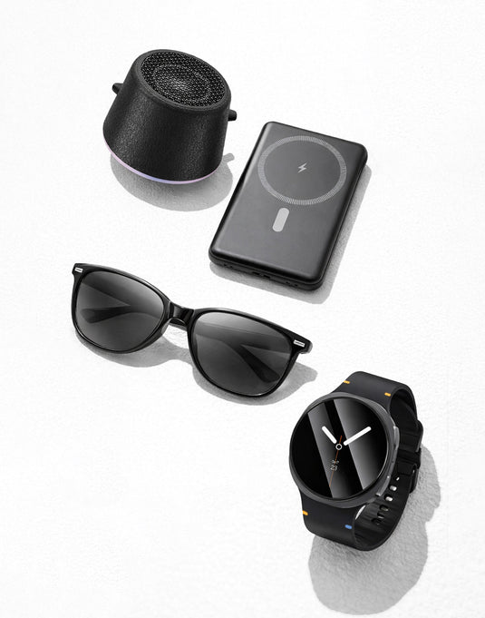 Hoco Wireless Air Conduction Audio Sunglasses with Music Playback, 6 Hours Playtime (DI87 Max) - Black + Smart Watch (Y43) + Power Bank (J140A) + Bluetooth Speaker (HC49) (Bundle Deal)
