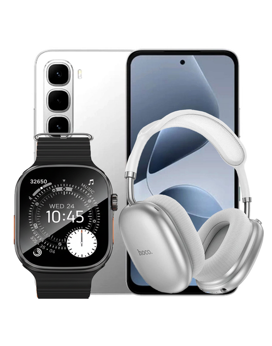 Infinix Hot 60i 8GB 256GB Dual Sim Smart Phone 4G - Titanium Silver (Brand New) + Bluetooth Headset (W55 PLUS) + Smart Watch (Y23 Ultra) (Bundle Deal)