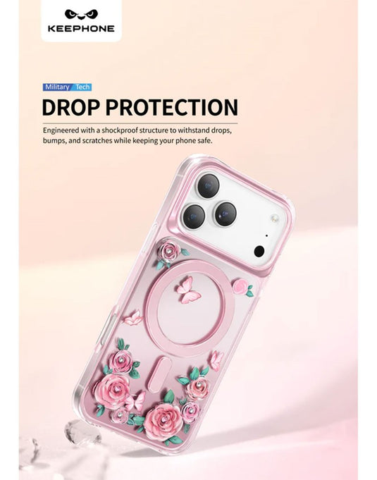Keephone Roseland Premium 3D Crystal Rose Case For Apple iPhone 17 Pro MagSafe Compatible - Pink