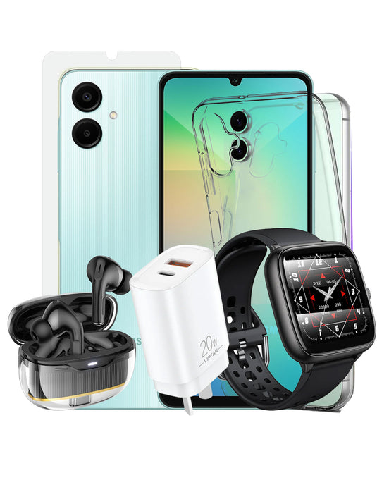 Samsung Galaxy A06 (2024) 4GB 64GB 4G Dual Sim (Brand New) + TWS Bluetooth Earbuds (EW54) + Smart Sports Watch (Y36) + Shockproof Case + Tempered + VFan Charger (AU6) (Bundle Deal)