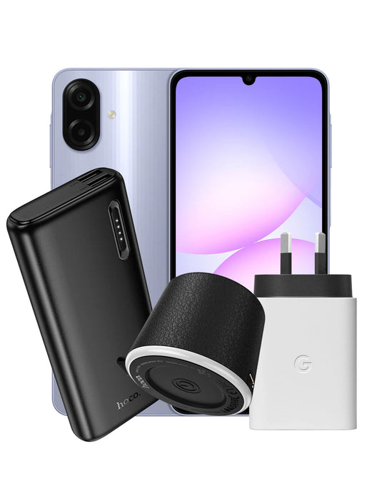 Samsung Galaxy A07 (2025) 4GB 64GB 4G Dual Sim - Light Violet (Brand New) + Power Bank (J158A) + TWS Earbuds (EQ34 Plus) + Power Charger + Sunglasses (DI87 Max) (Bundle Deal)