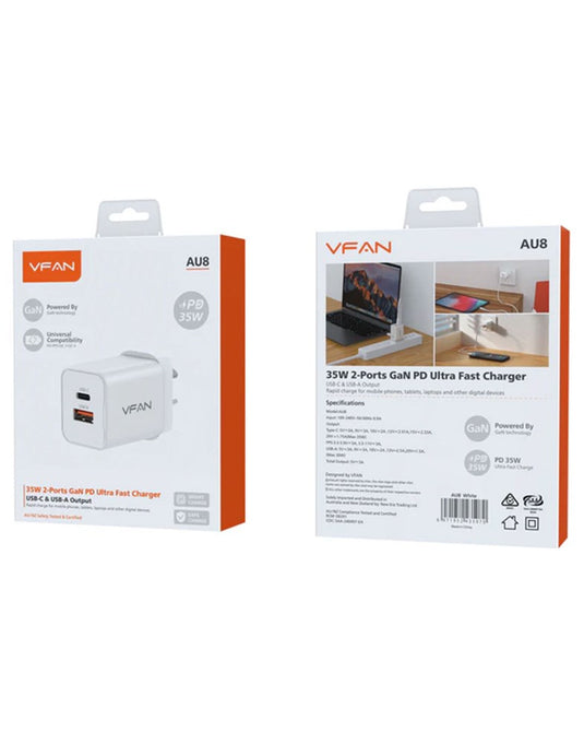 VFan Ultra Fast Charger USB-C & USB-A 35W (AU8) - White