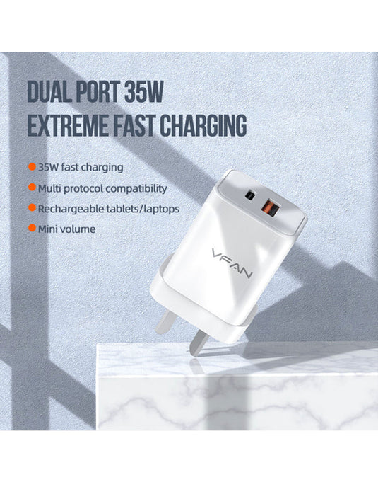 VFan Ultra Fast Charger USB-C & USB-A 35W (AU8) - White