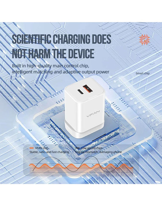 VFan Ultra Fast Charger USB-C & USB-A 35W (AU8) - White