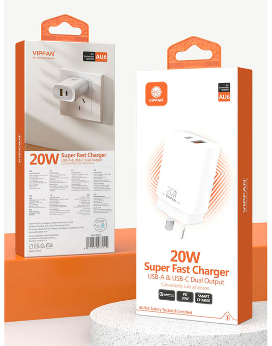 VFan 20W USB-A & USB-C Dual Super Fast Charger (AU6)