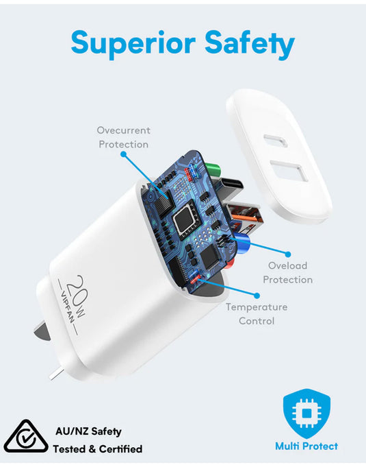 VFan 20W USB-A & USB-C Dual Super Fast Charger (AU6)
