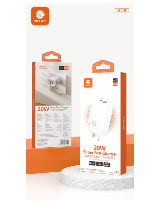 VFan 20W USB-A & USB-C Dual Super Fast Charger (AU6)