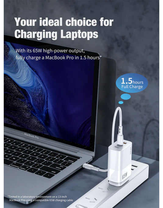VFan AU7 Ultra Fast Charger 65W 2X USB-C & 1X USB-A (For Laptop/Macbook)