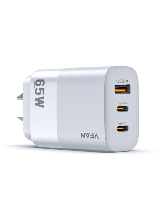 VFan AU7 Ultra Fast Charger 65W 2X USB-C & 1X USB-A (For Laptop/Macbook)
