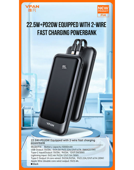 Vip Fan 22.5W PD+QC Power Bank w/ LED % Display, 2 Cables (10000mAh) (F14)