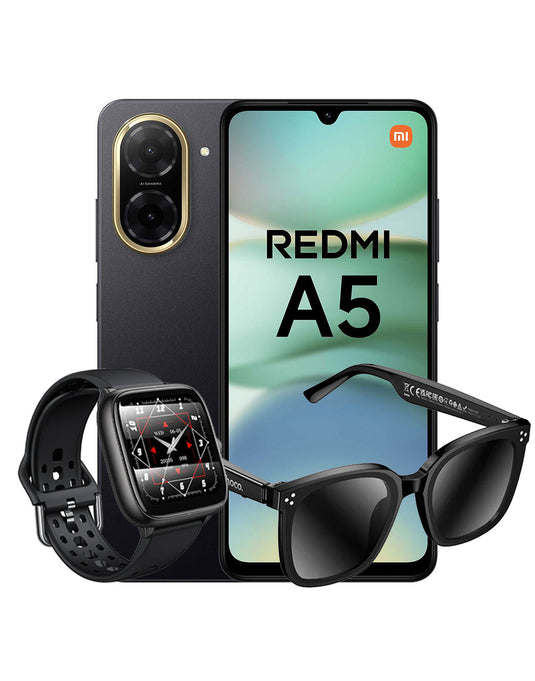 Xiaomi Redmi A5 (2025) 4GB 128GB 4G Dual Sim Smartphone - Midnight Black (Brand New) + Hoco Wireless Audio Sunglasses (DI87) + Smart Sports Watch (Y36) (Bundle Deal)