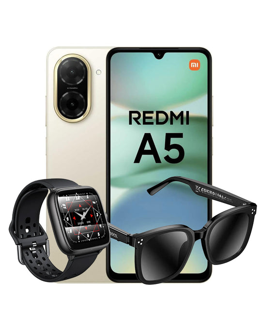Xiaomi Redmi A5 (2025) 4GB 128GB 4G Dual Sim Smartphone - Sandy Gold (Brand New) + Hoco Wireless Audio Sunglasses (DI87) + Smart Sports Watch (Y36) (Bundle Deal)