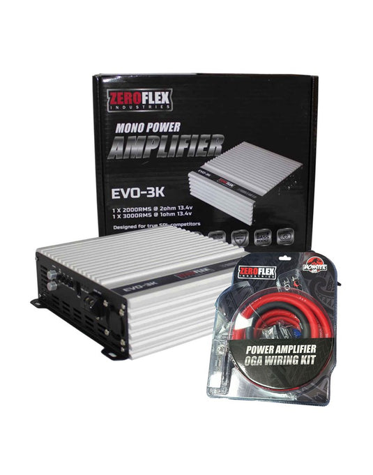 Zeroflex EVO 3K X 3000RMS @1ohm Car Amplifier + Free Bass Controller & Zeroflex INT-0GA 0 Gauge Amplifier Wiring Kit (Bundle Deal)