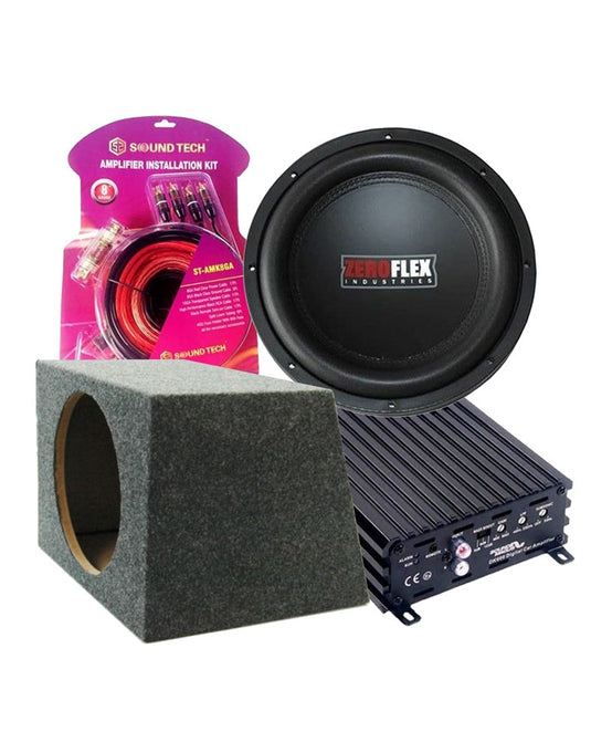 Zeroflex ZFX124 12" 350W RMS Slim Car Subwoofer + Sound Magus DK600 Class D AMP + Subwoofer Box + Wiring Kit (Bundle Deal)