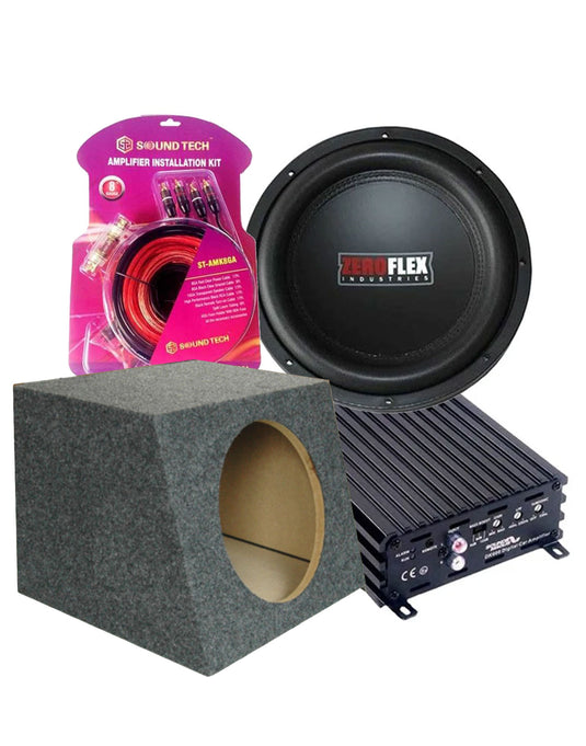Zeroflex ZFX124 12" 350W RMS Slim Car Subwoofer + Sound Magus DK600 Class D AMP + Subwoofer Box + Wiring Kit