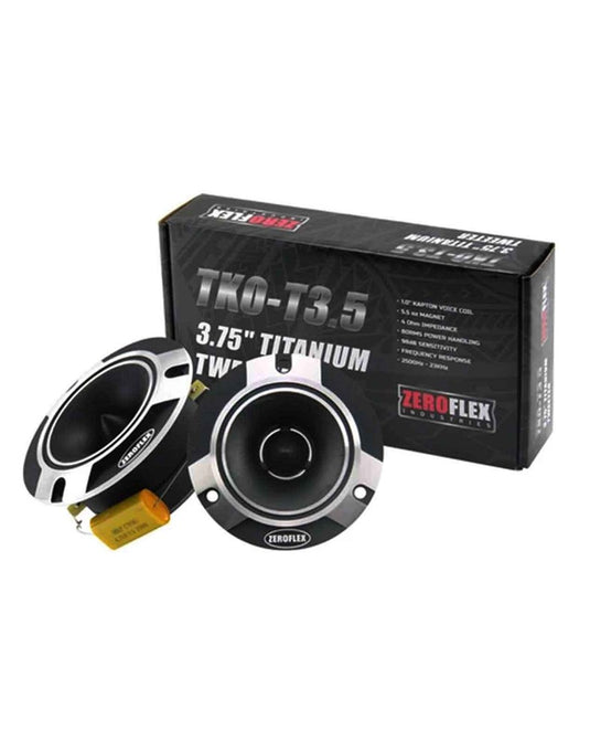 Zeroflex TKO-T3.5 3.5" Titanium Super Car Tweeters (Pair) with view of Packaging Box