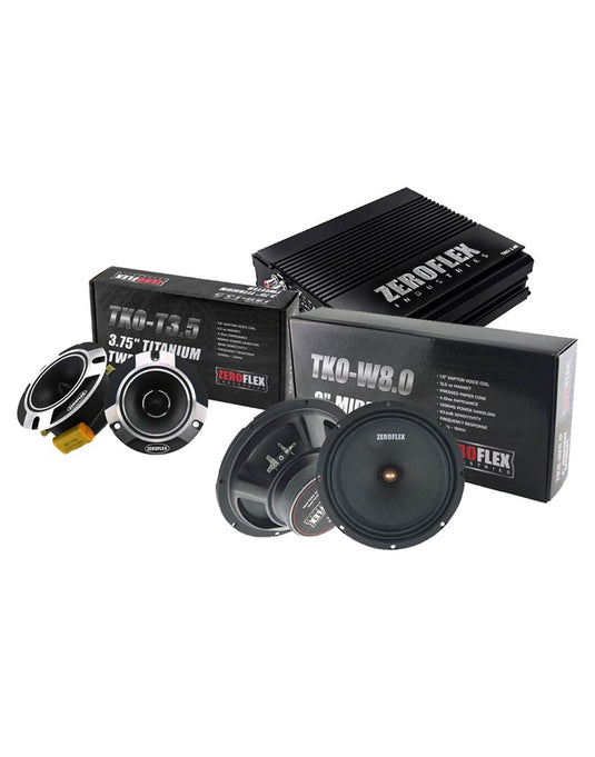 Zeroflex TKO-2.4K 4 Channel Car Amplifier 2000RMS & TKO-T3.5 3.5" Titanium Super Car Tweeters (2Pair) & TKO-W8.0 8'' Car Midbass Drivers 120rms (3pairs)