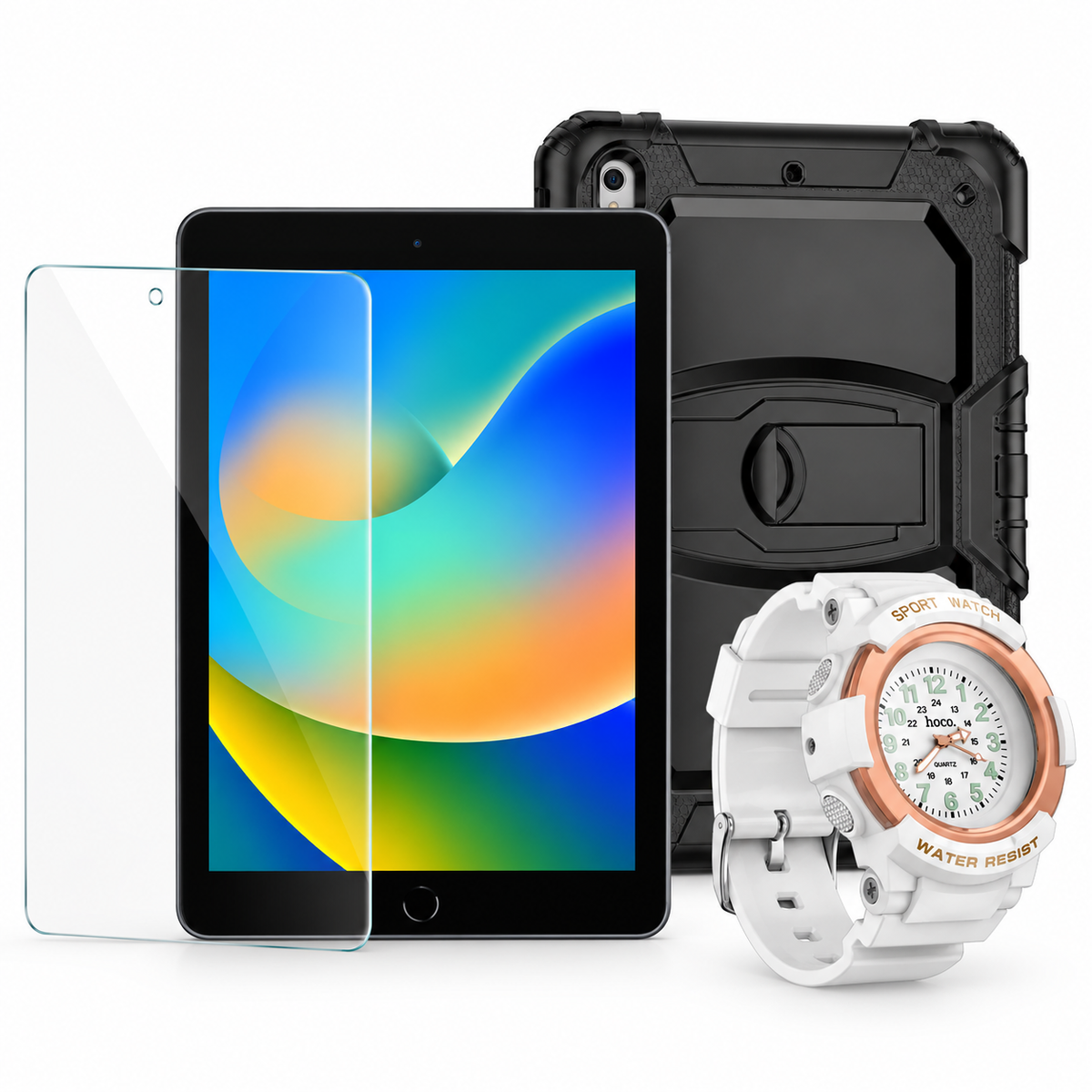 Apple iPad 9th Gen (2021) 10.2-inch 64GB Wifi Only - Space Gray (Very Good-Refurbished) + Tempered Glass, Shockproof Case, Kids Watch (Bundle Deal)