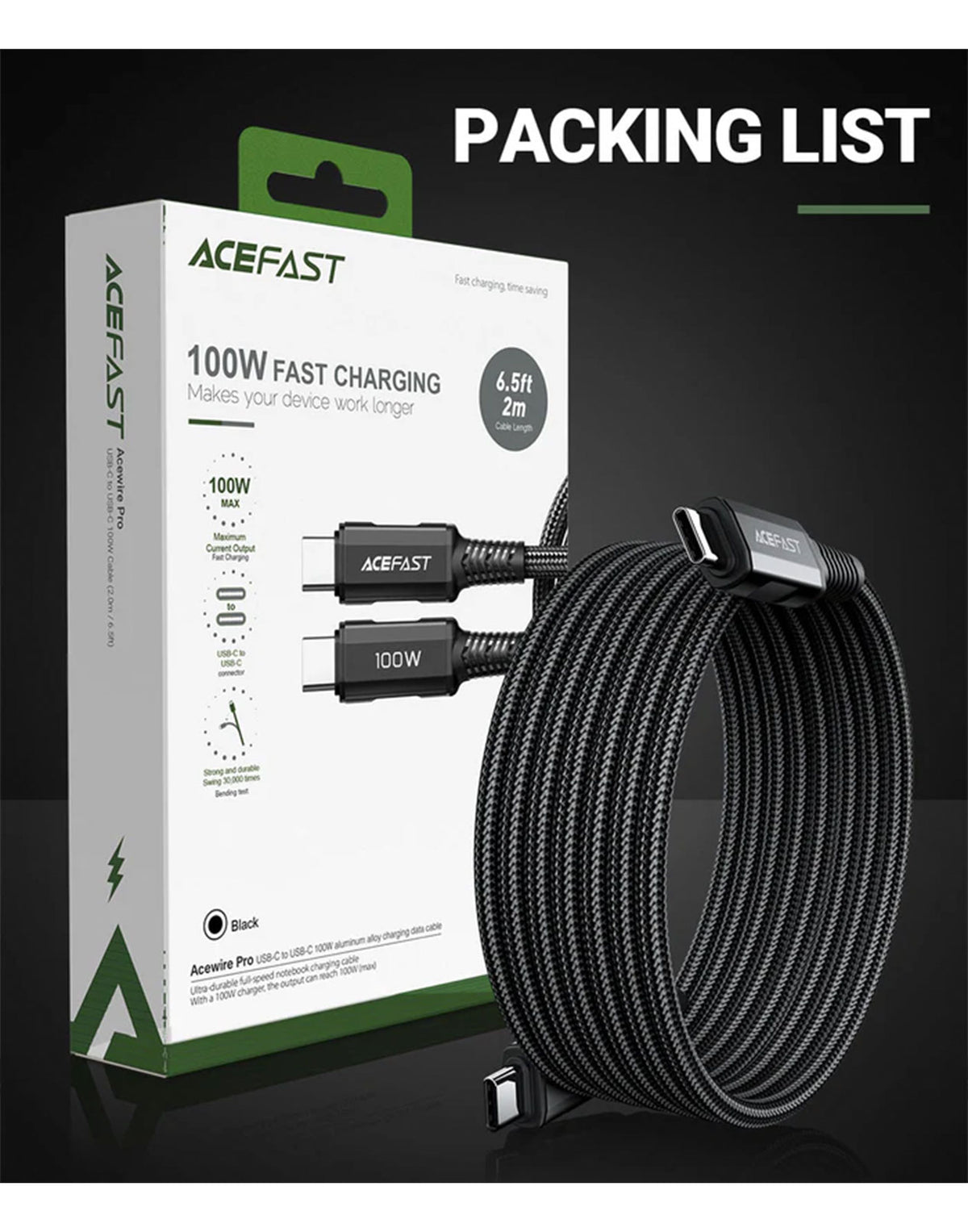 ACEFAST 100W Super Durable Premium PD USB-C to USB-C Cable (C4-03) 2 Meter - Black