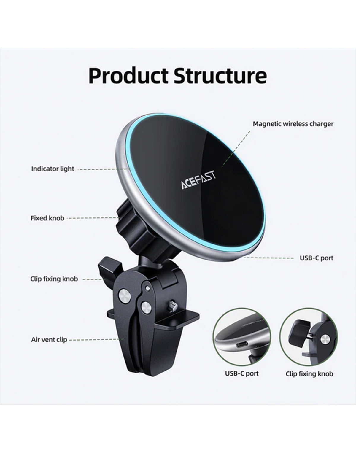 ACEFAST 15W Magnetic Wireless Charging Air Vent Phone Holder w/ Blue Ring Light (D3)