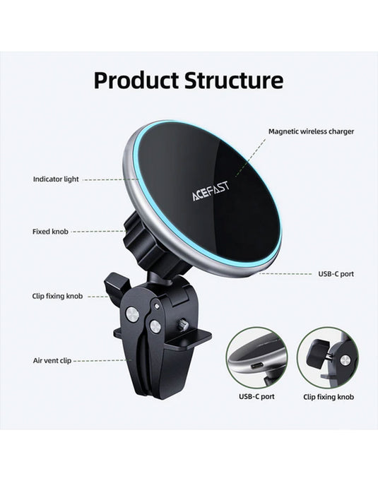 ACEFAST 15W Magnetic Wireless Charging Air Vent Phone Holder w/ Blue Ring Light (D3)