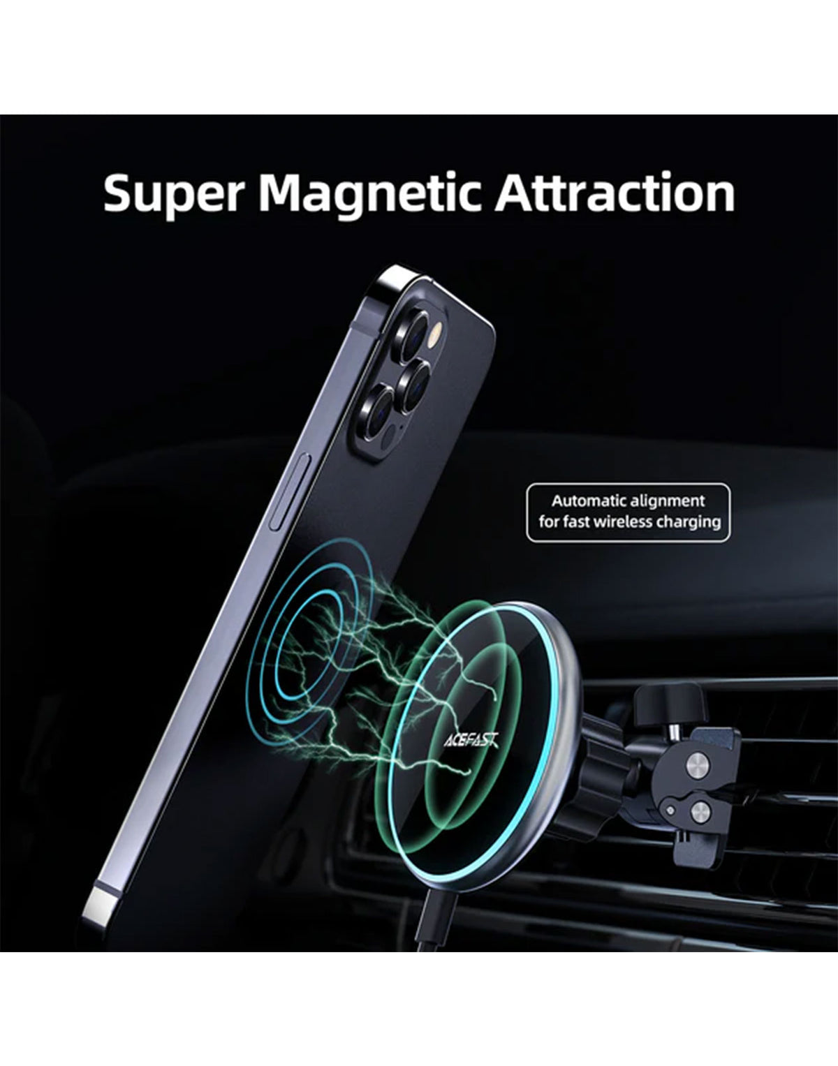 ACEFAST 15W Magnetic Wireless Charging Air Vent Phone Holder w/ Blue Ring Light (D3)