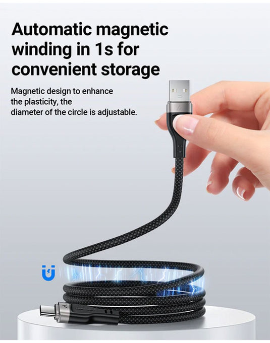 Acefast 3A/60W Super Durable Zinc Alloy Nylon Braided Cable w/ Magnetic Anti-Tangle (C11) - Black
