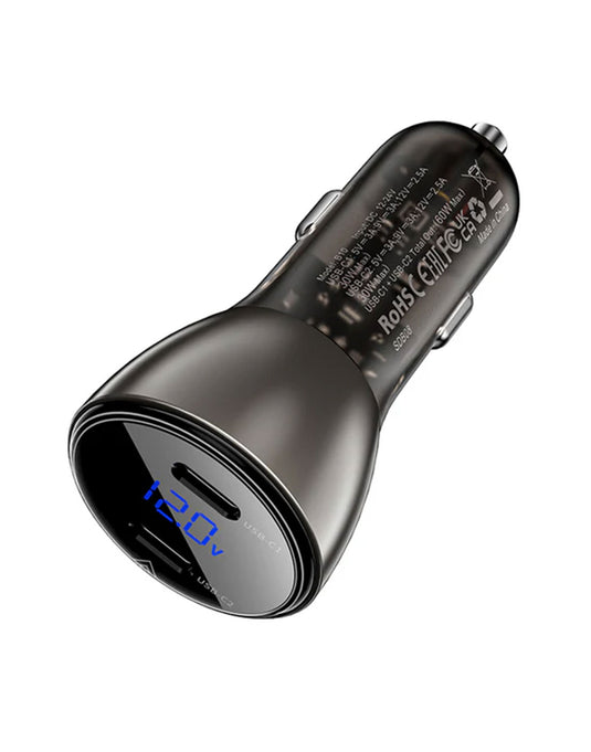 Acefast 60W Dual USB-C Super Fast Car Charger w/ Digital Display, Transparent Body (B10)