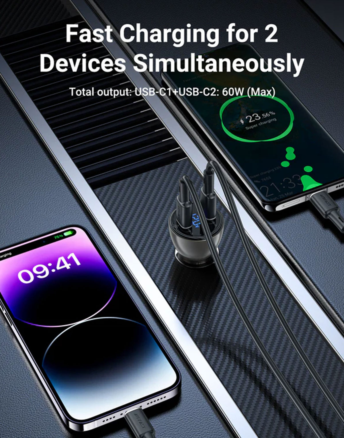Acefast 60W Dual USB-C Super Fast Car Charger w/ Digital Display, Transparent Body (B10)