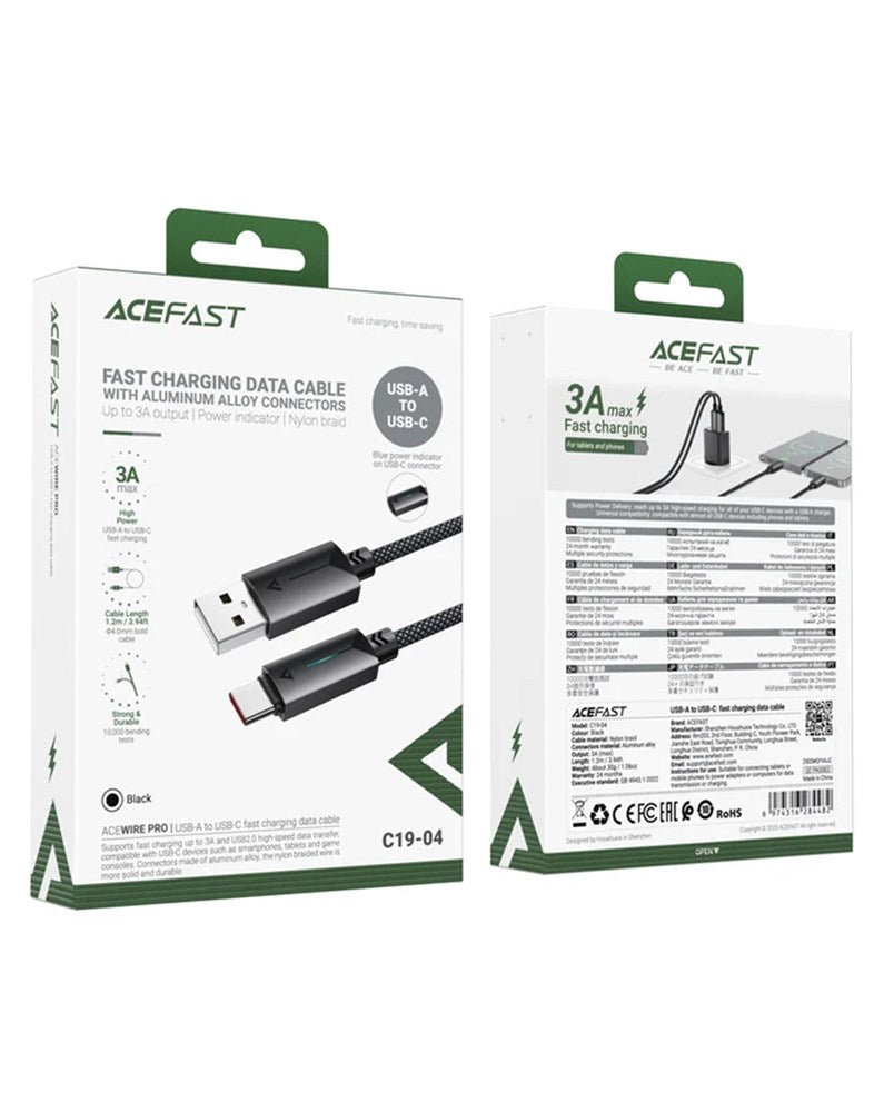 Acefast LED Illuminated Nylon Braided Aluminum Alloy Fast Charging Cable (C19) USB-A to USB-C