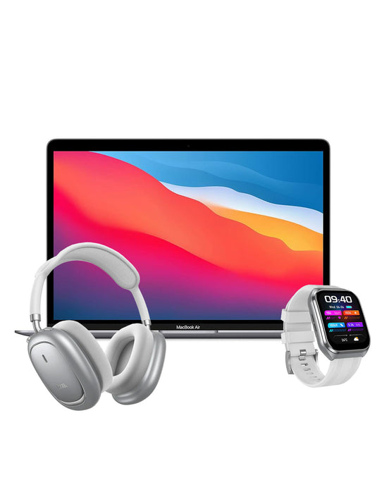 Apple Macbook Air (2020) 13.3-inch M1 Chip CPU-8 Cores/GPU 7-Cores 8GB 256GB - Space Grey (Good-Refurbished) + Smart Watch Y44 + Bluetooth Headset (W68) (Bundle Deal)