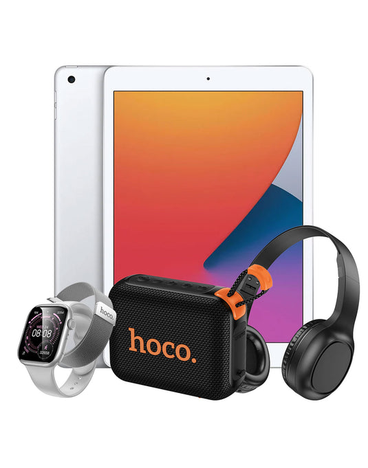 Apple iPad 8th Gen (2020) 10.2-inch 32GB Wifi Only - Silver (Good-Refurbished) + Bluetooth Headset W46 + Mini Bluetooth Speaker (HC31) + Smart Watch (Y42) 2 Straps (Bundle Deal)