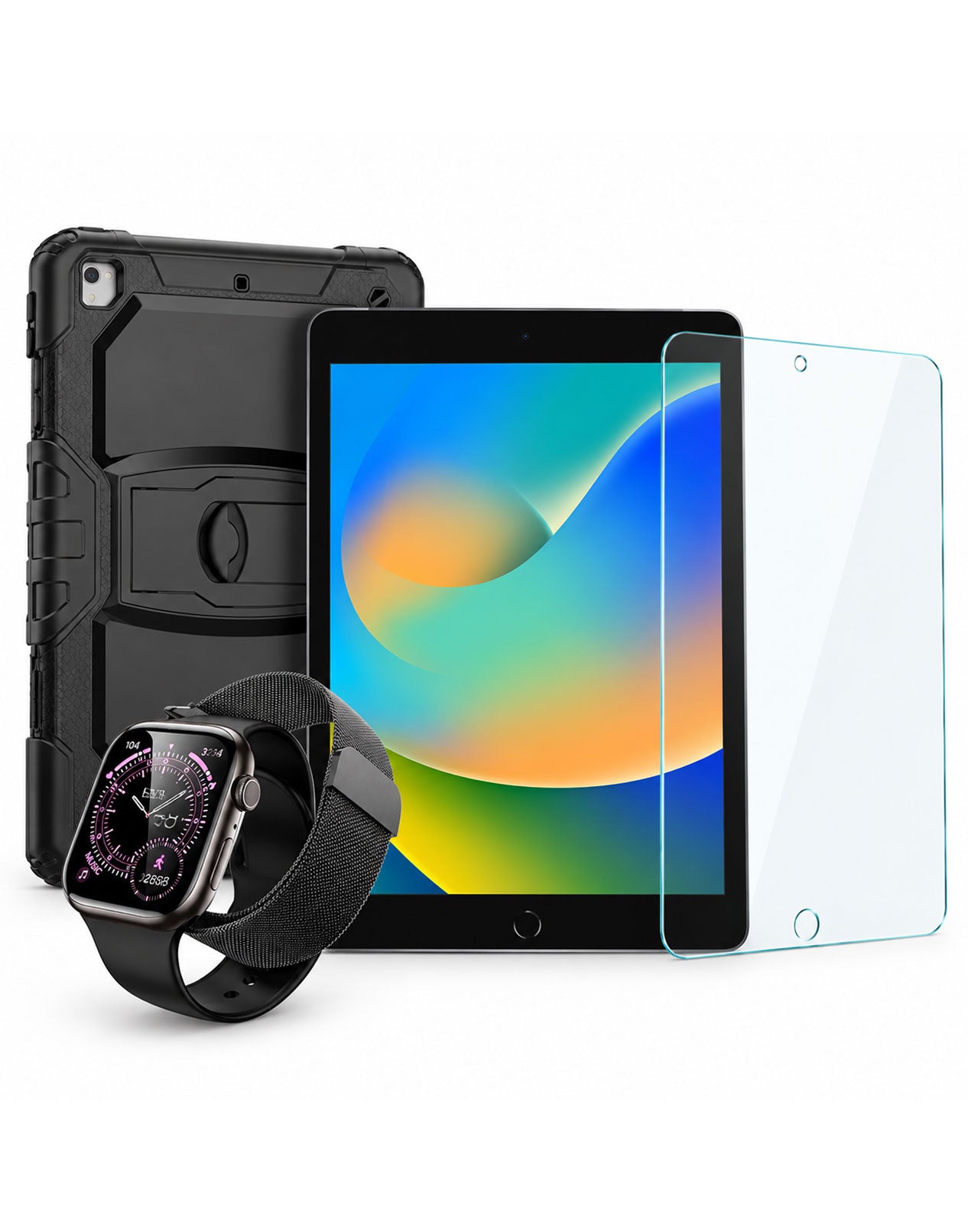 Apple iPad 9th Gen (2021) 10.2-inch 64GB Wifi Only - Space Gray (Very Good-Refurbished) + Temp Glass+Case+Smart Watch (Bundle)
