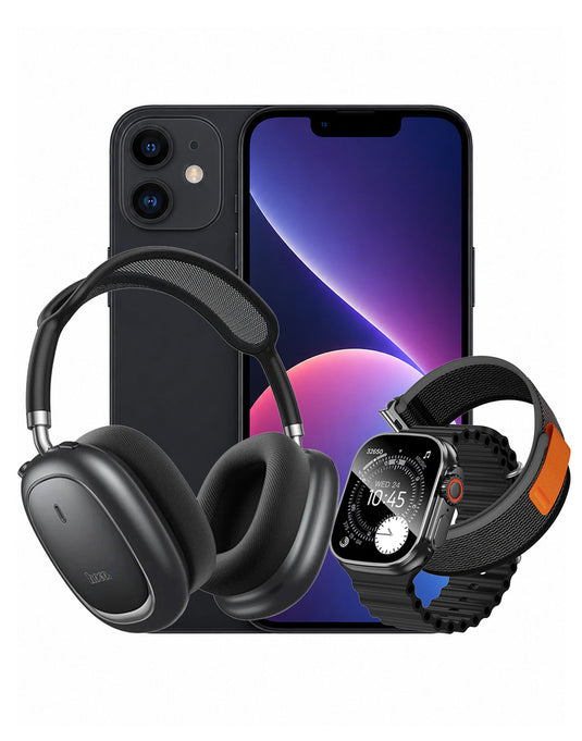 Apple iPhone 11 64GB 4G - Black (Very Good-Refurbished) + Smart Watch (Y42 Ultra) 2 Straps + Bluetooth Headset (W68) (Bundle Deal)